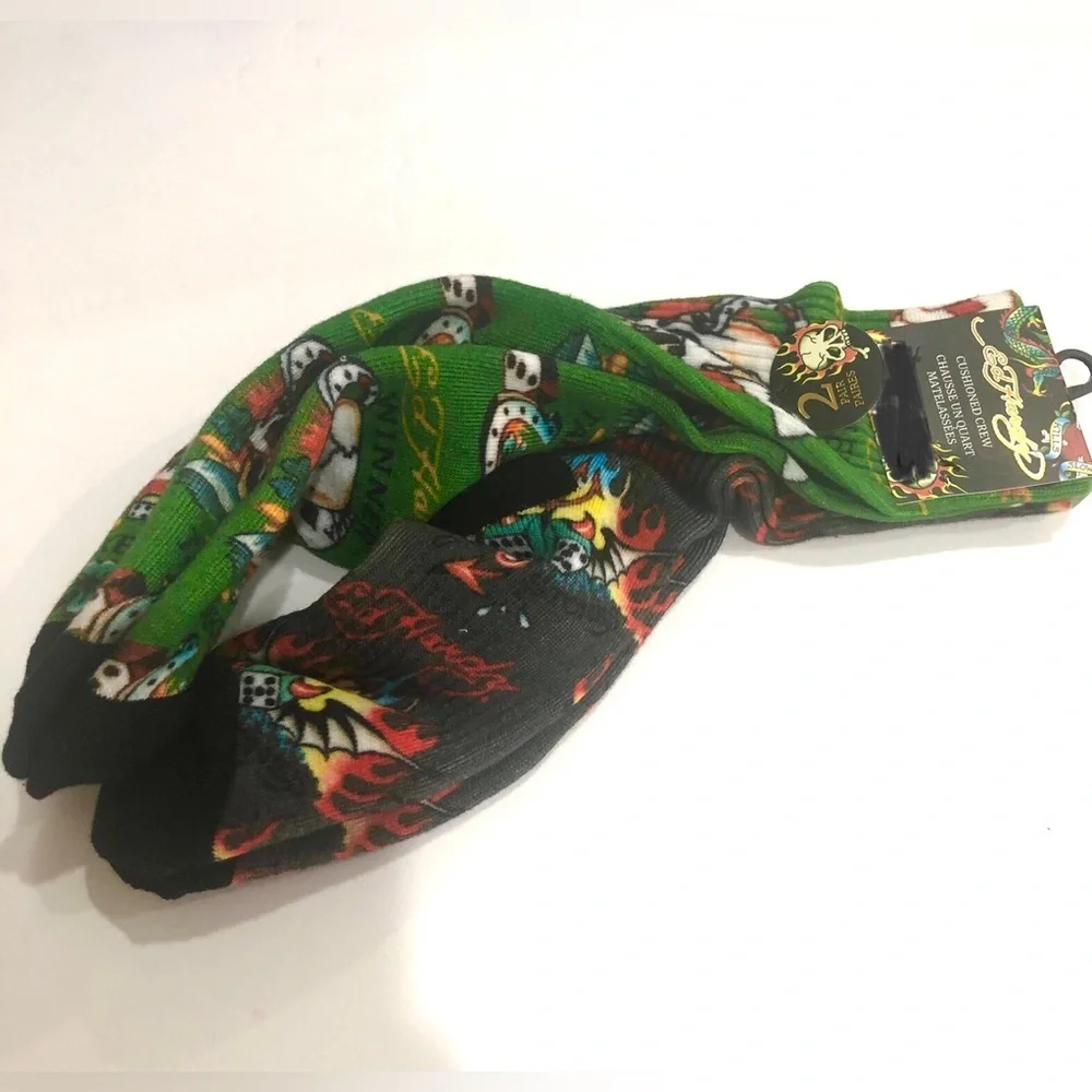 Ed Hardy green‎ and gray multi iconic Ed Hardy printed l crew socks - 2pairs new